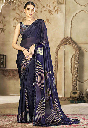 Digital Printed Satin Georgette Saree in Navy Blue