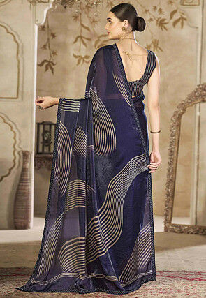 Digital Printed Satin Georgette Saree in Navy Blue