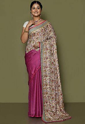 Digital Printed Satin Georgette Saree in Off White and Fuchsia
