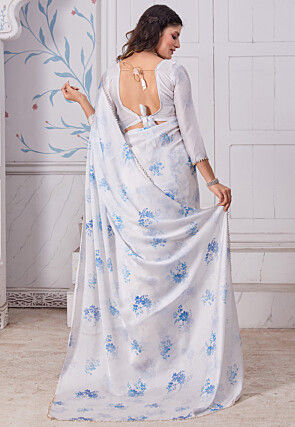 Digital Printed Satin Georgette Saree in Off White