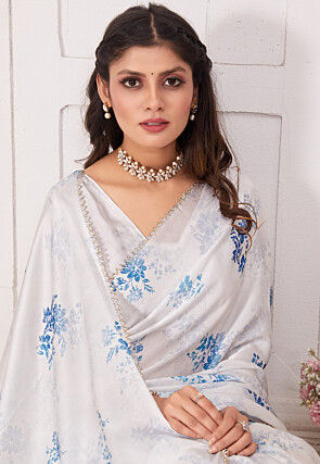 Digital Printed Satin Georgette Saree in Off White