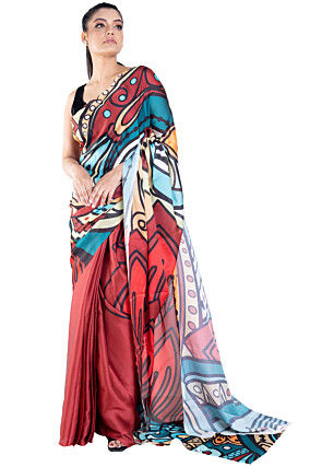 Digital Printed Satin Georgette Saree in Red and Multicolor