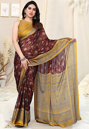 Digital Printed Satin Georgette Saree in Wine