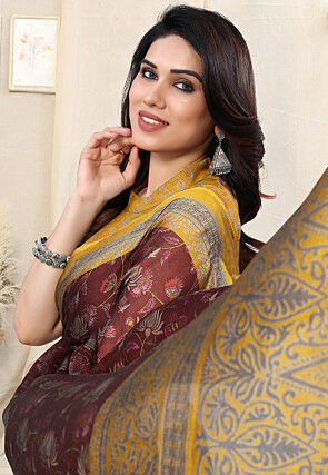Digital Printed Satin Georgette Saree in Wine