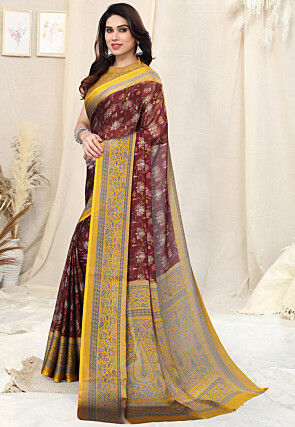 Digital Printed Satin Georgette Saree in Wine