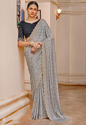 Digital Printed Satin Georgette Scalloped Saree in Grey