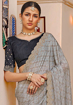 Digital Printed Satin Georgette Scalloped Saree in Grey