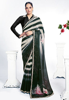 Digital Printed Satin Georgette Shimmer Saree in Black and White