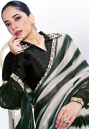 Digital Printed Satin Georgette Shimmer Saree in Black and White