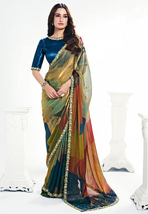 Digital Printed Satin Georgette Shimmer Saree in Multicolor