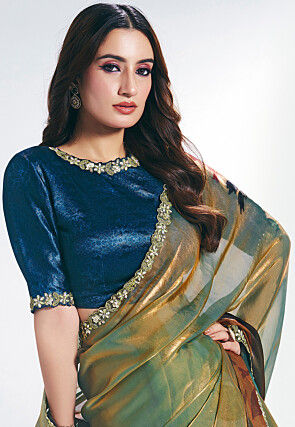 Digital Printed Satin Georgette Shimmer Saree in Multicolor