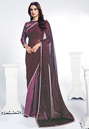 Digital Printed Satin Georgette Shimmer Saree in Wine
