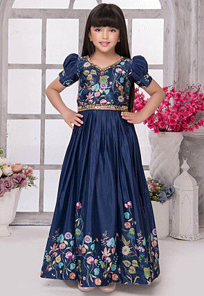 Digital Printed Satin Gown in Navy Blue