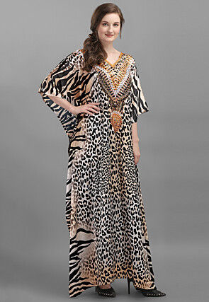 Digital Printed Satin Kaftan in Beige and Black