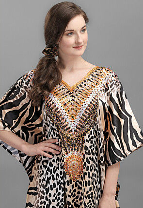 Digital Printed Satin Kaftan in Beige and Black
