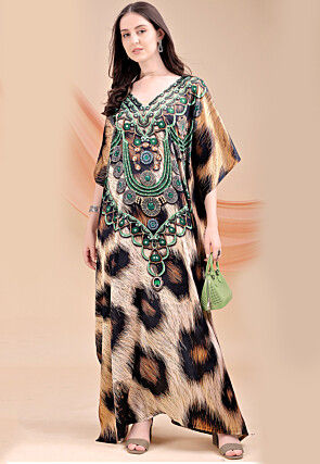 Digital Printed Satin Kaftan in Beige and Black