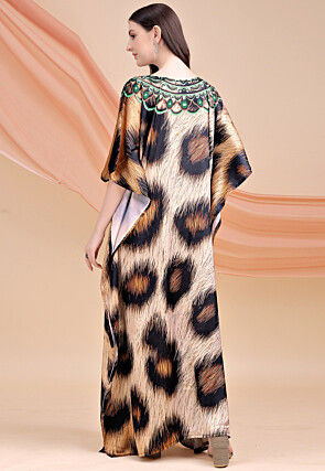 Digital Printed Satin Kaftan in Beige and Black