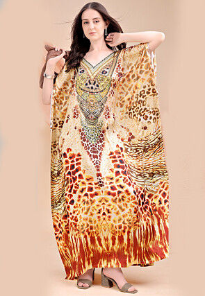 Digital Printed Satin Kaftan in Beige