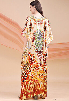 Digital Printed Satin Kaftan in Beige