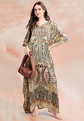Digital Printed Satin Kaftan in Beige