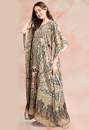 Digital Printed Satin Kaftan in Beige