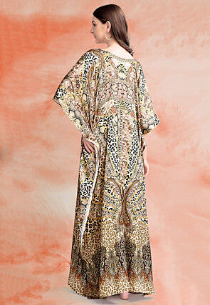 Digital Printed Satin Kaftan in Beige