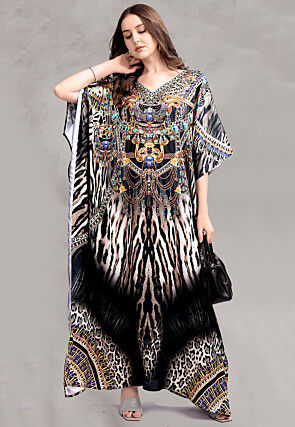 Digital Printed Satin Kaftan in Black