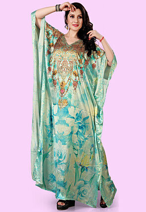 Digital Printed Satin Kaftan in Blue