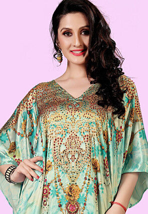 Digital Printed Satin Kaftan in Blue