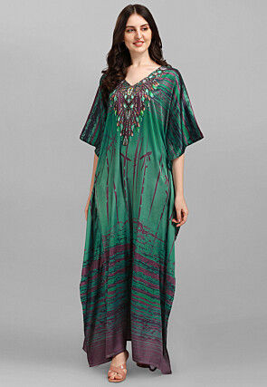 Digital Printed Satin Kaftan in Green