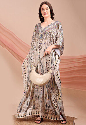 Digital Printed Satin Kaftan in Light Beige