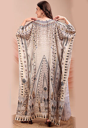 Digital Printed Satin Kaftan in Light Beige