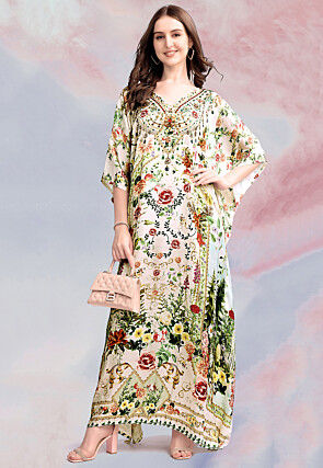 Digital Printed Satin Kaftan in Light Beige