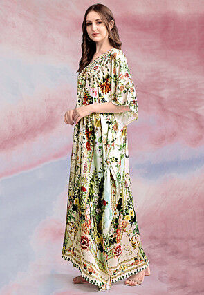 Digital Printed Satin Kaftan in Light Beige