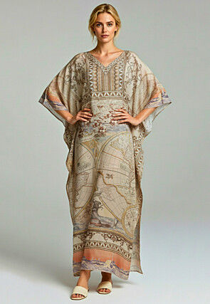 Digital Printed Satin Kaftan in Light Beige