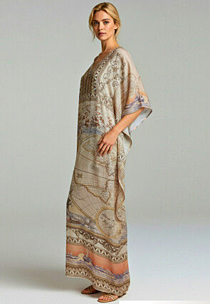 Digital Printed Satin Kaftan in Light Beige