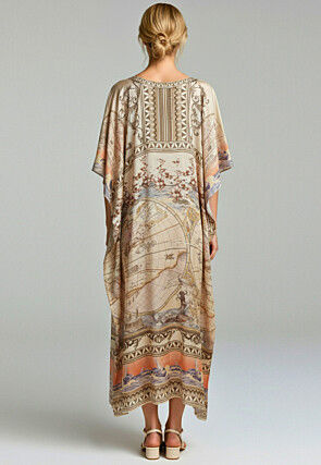 Digital Printed Satin Kaftan in Light Beige
