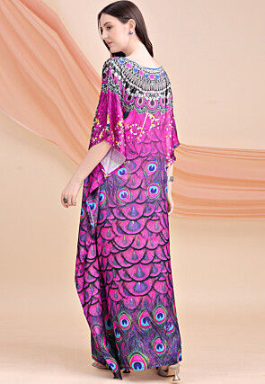 Digital Printed Satin Kaftan in Magenta and Black