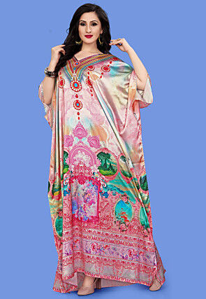 Digital Printed Satin Kaftan in Multicolor