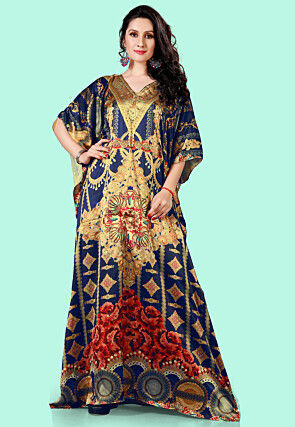 Digital Printed Satin Kaftan in Navy Blue