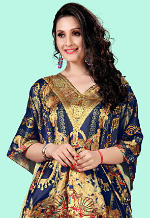 Digital Printed Satin Kaftan in Navy Blue