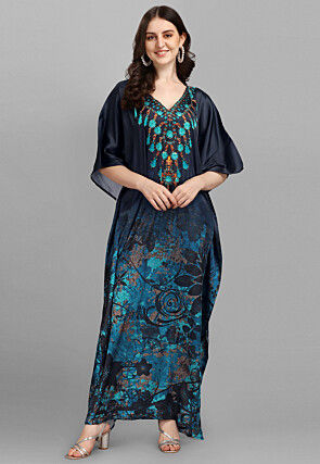 Digital Printed Satin Kaftan in Navy Blue