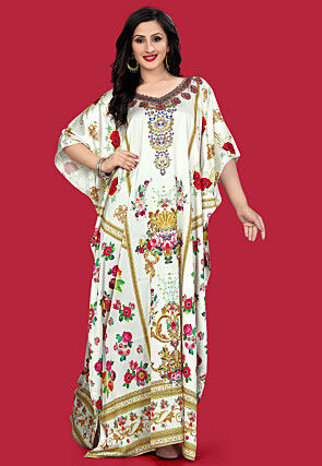 Digital Printed Satin Kaftan in Off White