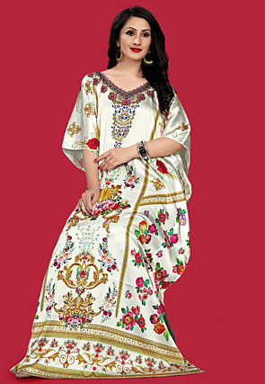 Digital Printed Satin Kaftan in Off White