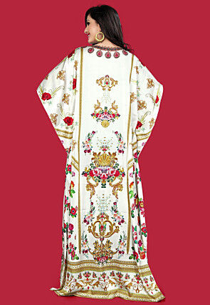 Digital Printed Satin Kaftan in Off White