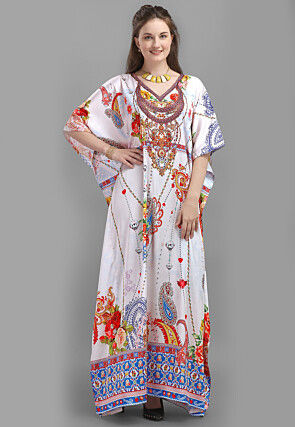 Digital Printed Satin Kaftan in Off White