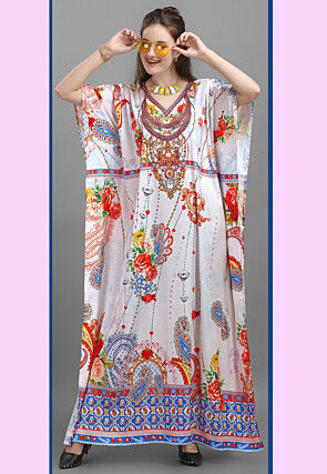 Digital Printed Satin Kaftan in Off White