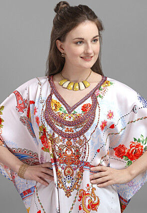 Digital Printed Satin Kaftan in Off White