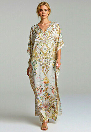 Digital Printed Satin Kaftan in Off White