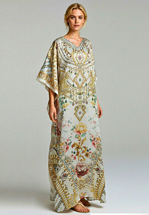 Digital Printed Satin Kaftan in Off White